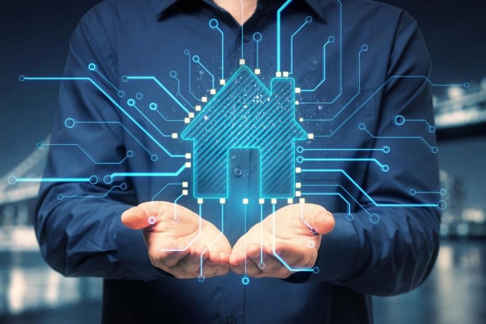 Digital illustration of an integrated villa security system connected to smart controls