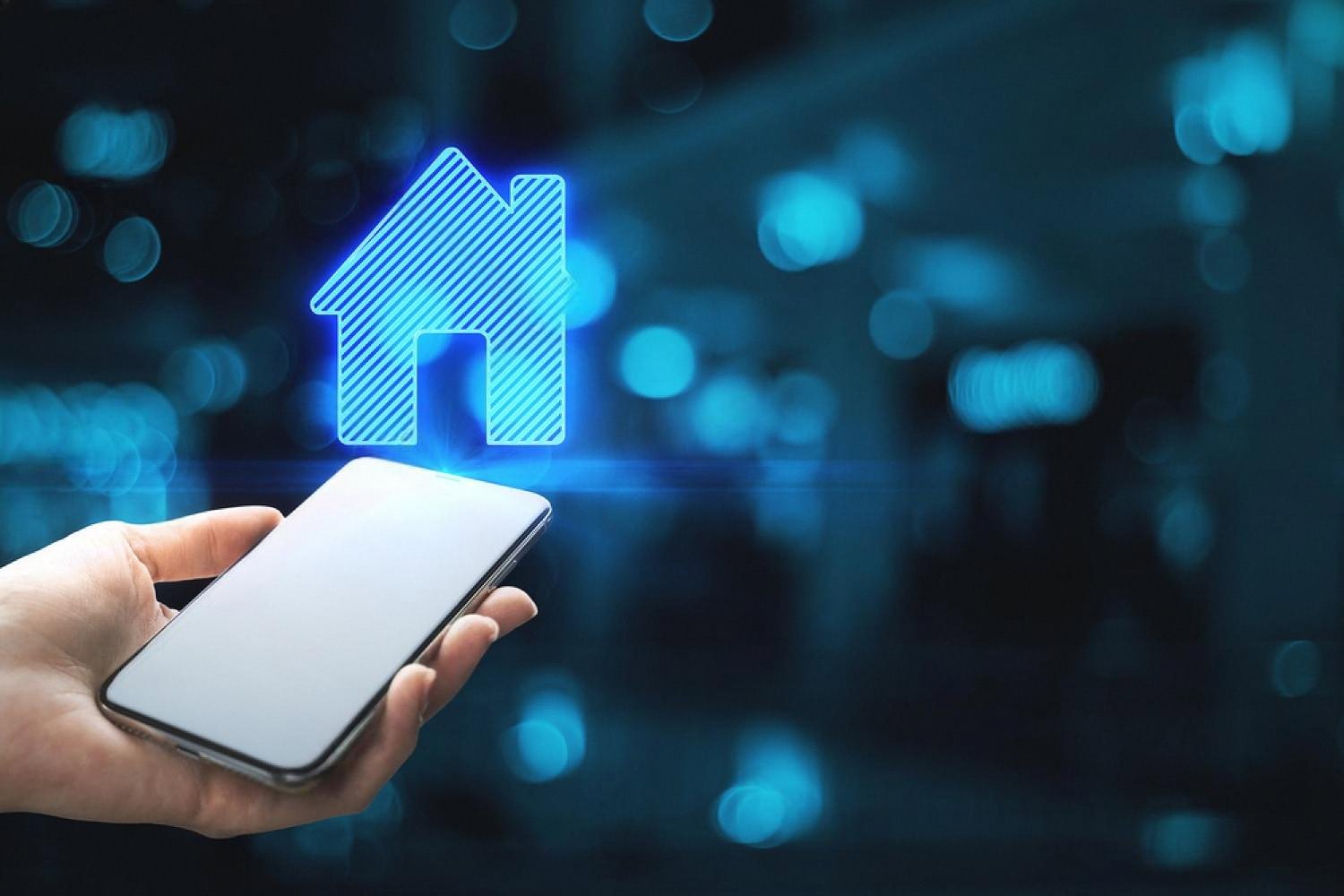 Hand holding a smartphone controlling a smart home security system in a UAE villa
